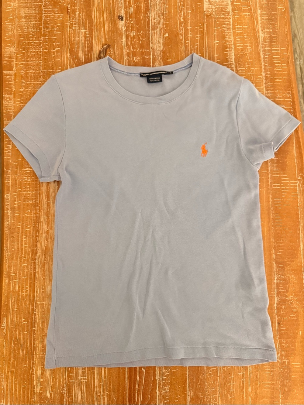 Ralph Lauren Short Sleeve Crewneck Tee in baby Blue with Orange Logo. Excellent!